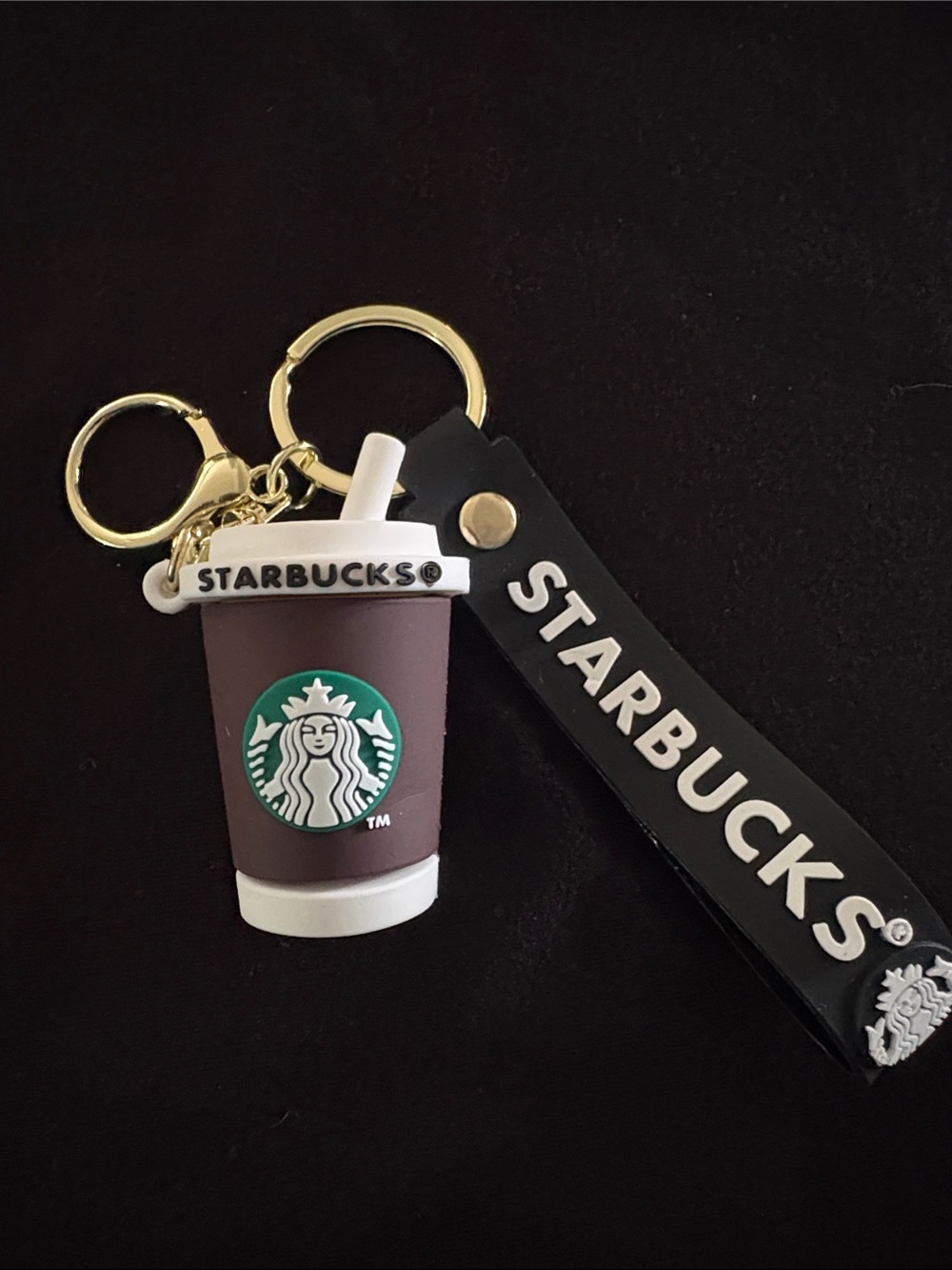 Coffee Cup Brown and White Bag Charm Keychain with Gold Hardware and Black Strap